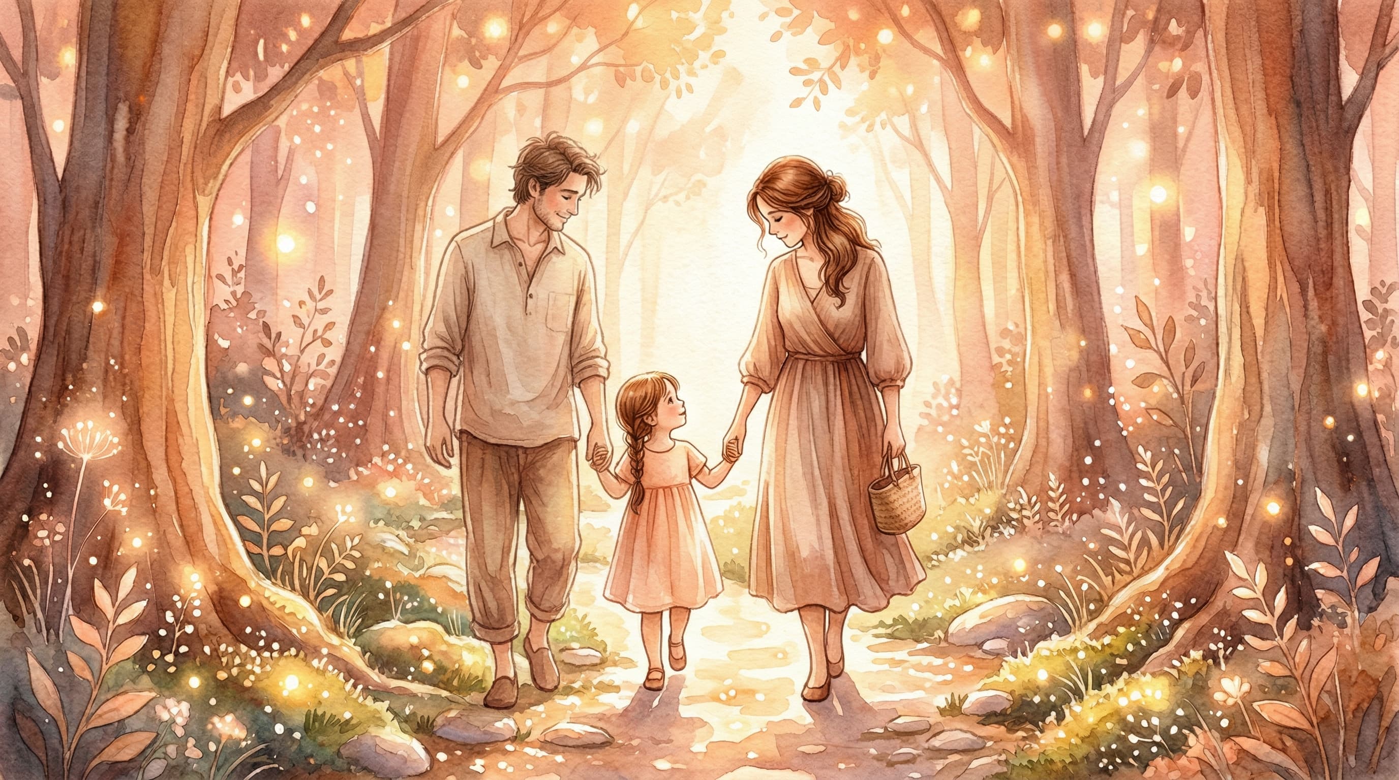 A warm, premium watercolor illustration of a parent gently guiding a young child through a bright, glowing, magical forest or pathway.