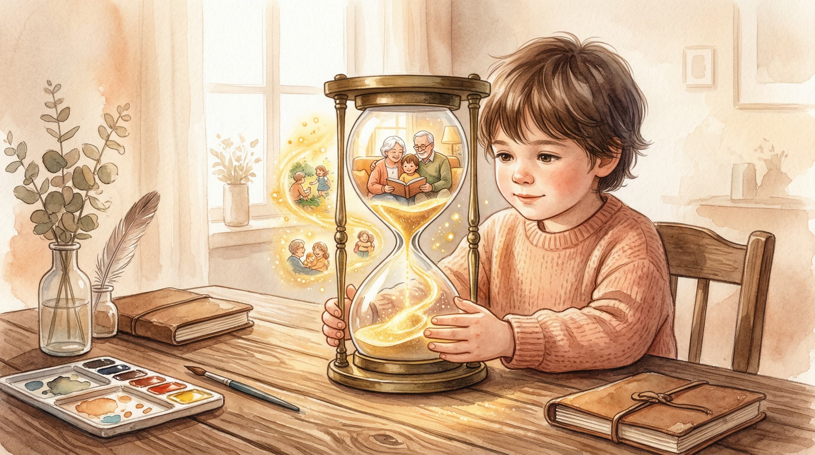 A magical glass jar capturing floating, golden childhood memories.