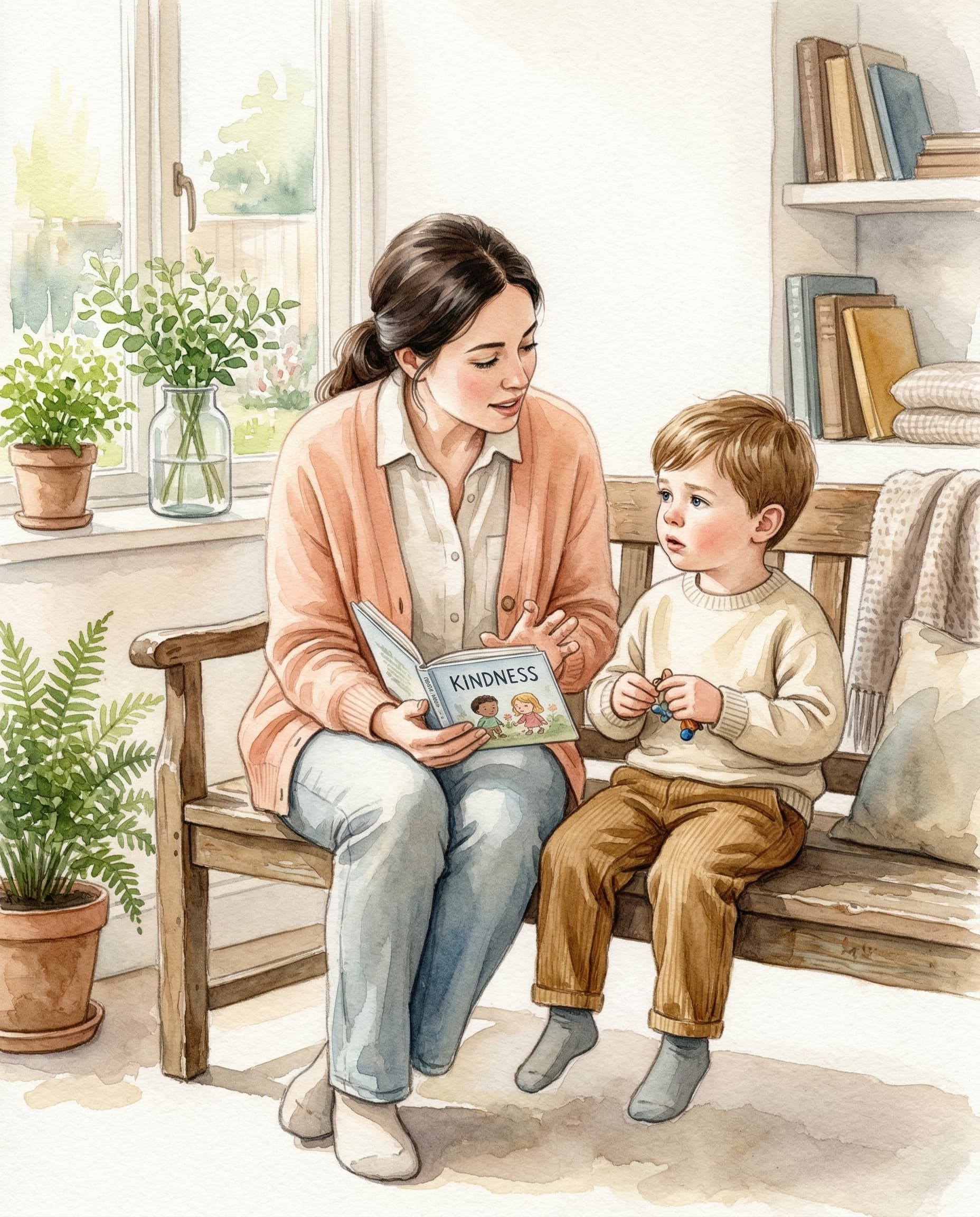 A beautifully composed parenting moment rendered in a soft, empathetic watercolor style.
