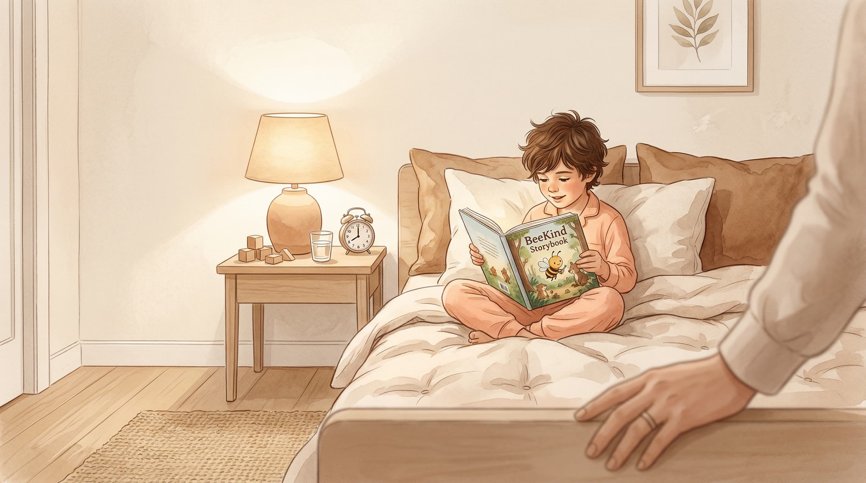 A cozy bedroom scene with a child completely absorbed in reading a beautiful BeeKind storybook.