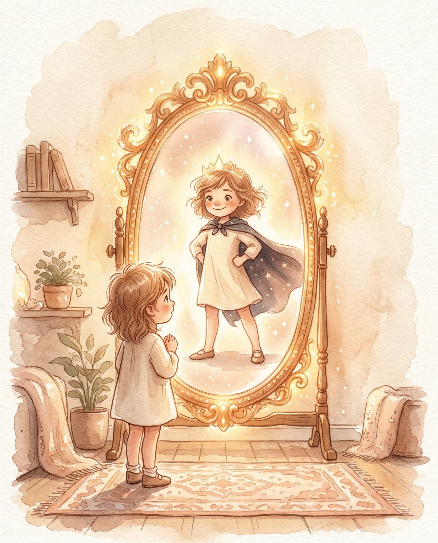 A child looking into a glowing magical mirror and seeing a heroic version of themselves.