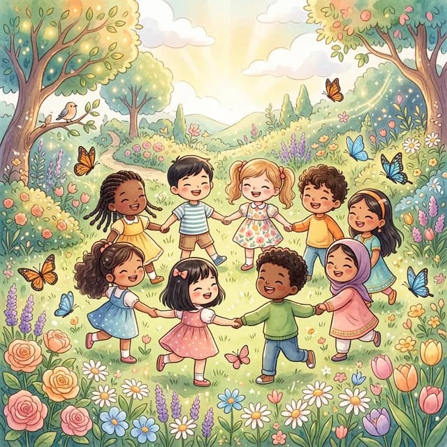 Happy diverse children holding hands in a magical garden