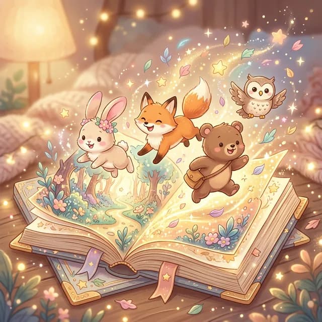 A magical storybook with cute animals jumping out of the pages