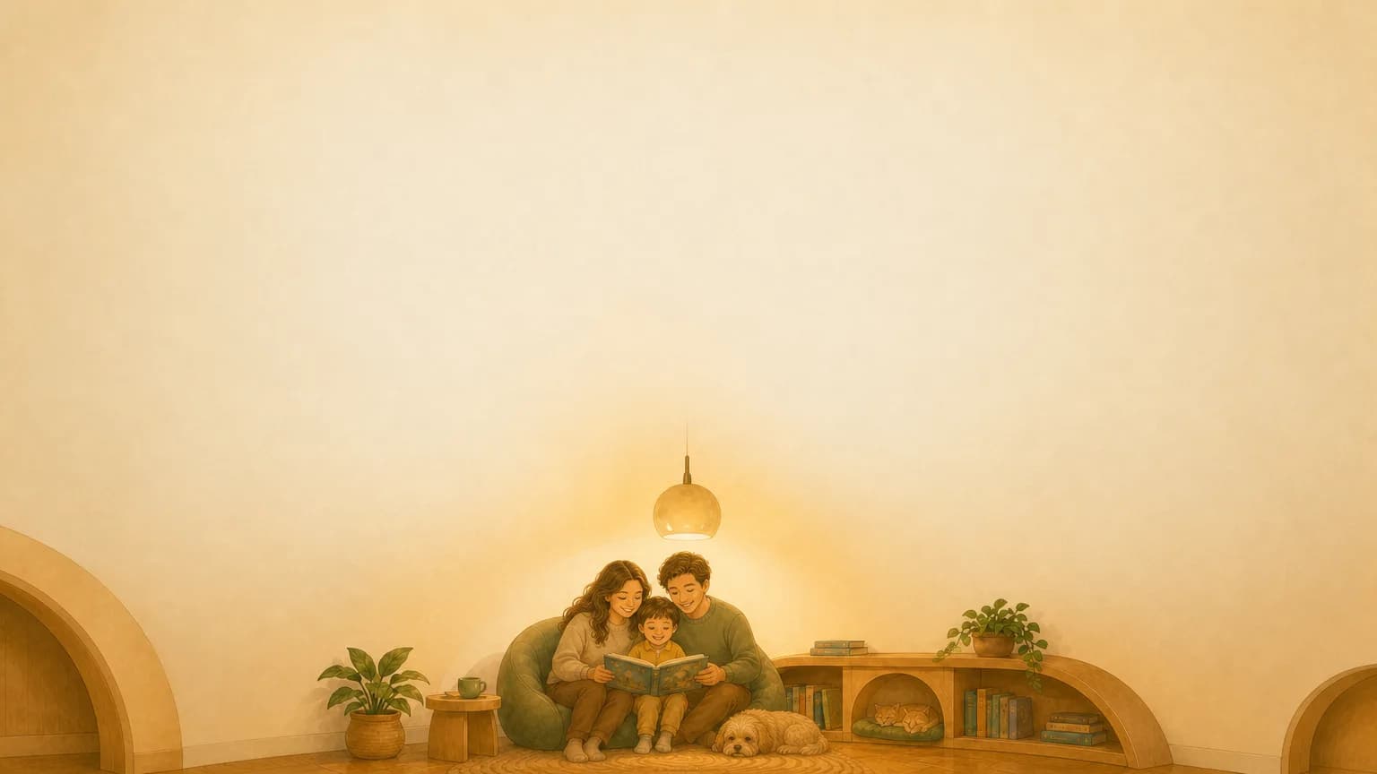 Parents and a child reading together in a warm library nook.