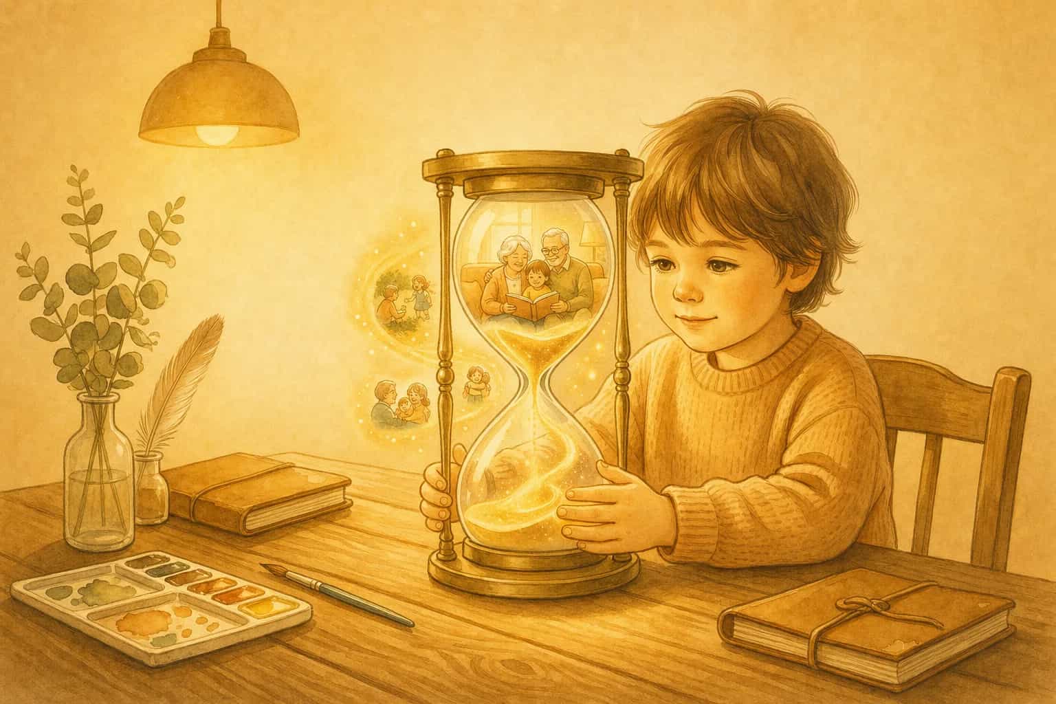 A glowing jar holding small, golden memories from childhood.