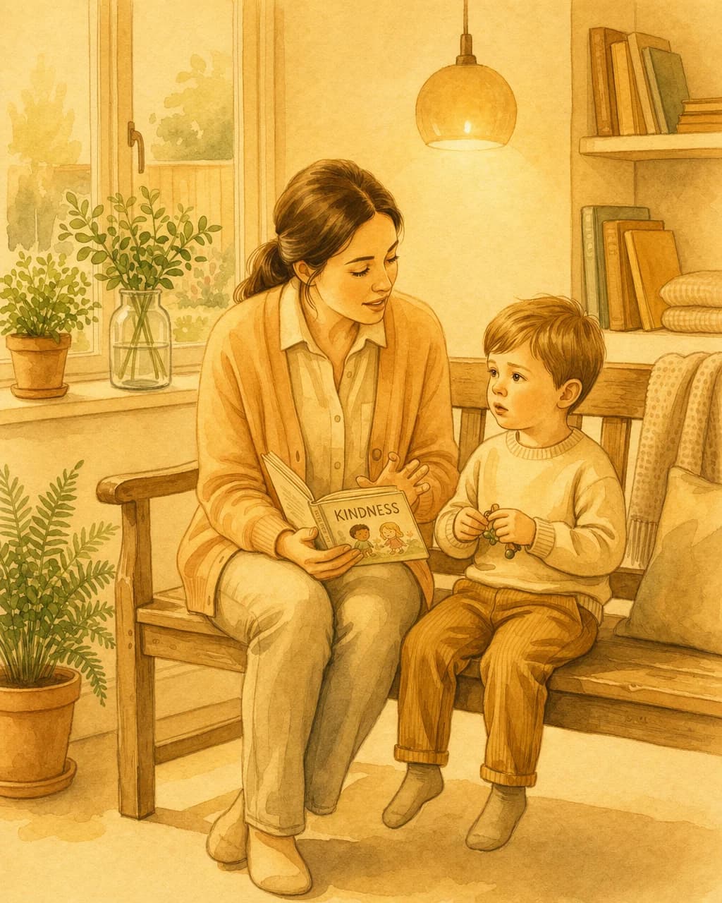 A caring parent sitting close to a child during a difficult moment.
