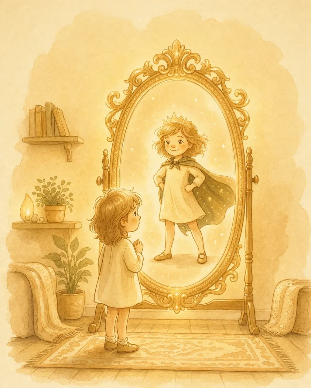 A child discovering their own courage inside a luminous personalized story.
